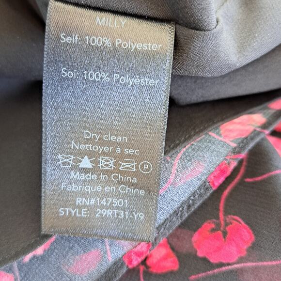 MILLY Floral Ruffle-Trim Tieneck Blouse Black Red Floral Top Size Medium - Picture 10 of 10